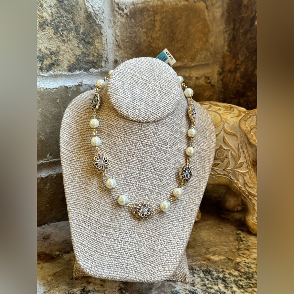 Charter Club Gold Faux Pearl Rhinestone Necklace